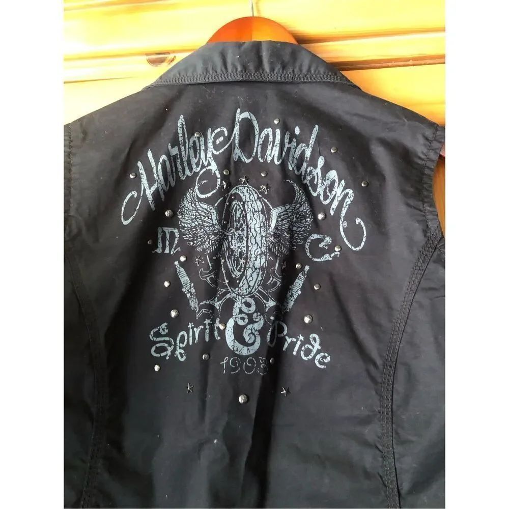 Harley Davidson Womens 1W Black Studded Moto Vest Graphic Back - Picture 10 of 14